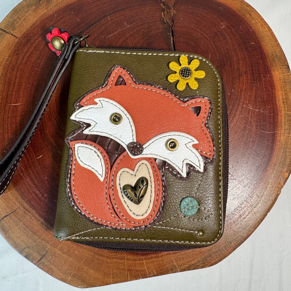 Chala Fox Zip Around Wallet Olive Green Vegan Leather Wristlet Fox Applique